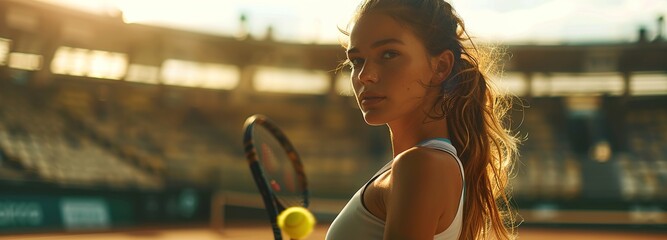 Professional female tennis player in action at the stadium, the afternoon sun highlighting her focus and precision with the racket. - obrazy, fototapety, plakaty