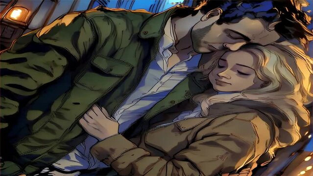 Couple Love Romantic Night Valentine Holding each other Wearing Jacket 