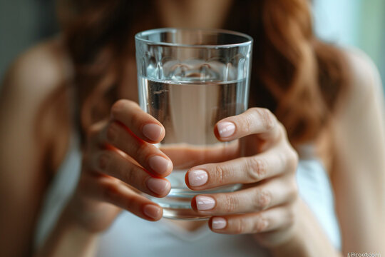 Drinking water and staying hydrated concept, a woman holding a glass of water in her hands