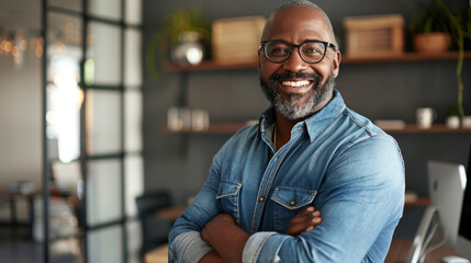 A poised man with glasses, wearing a casual denim shirt, gives a gentle, confident smile in a naturally lit office space. - obrazy, fototapety, plakaty