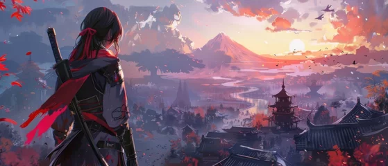 Foto op Canvas An anime assassin girl stands against the background of a city of the past AI generated image © harkamat