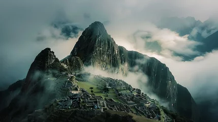Crédence de cuisine en verre imprimé Machu Picchu Serene sunrise at Machu Picchu, ancient ruins shrouded in mist