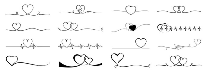 Continuous line art heart shapes set. Love romantic banners