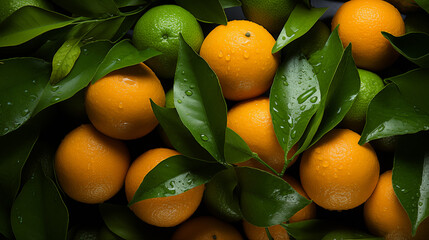 Background from fresh ripe oranges or tangerine with green leaves, top view - Powered by Adobe
