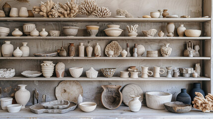 Fototapeta na wymiar A curated selection of artisanal ceramics displayed on open shelves, each piece a testament to the beauty of handmade craftsmanship.