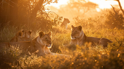 Sunset safari in Kruger National Park, lions resting in the golden light - obrazy, fototapety, plakaty