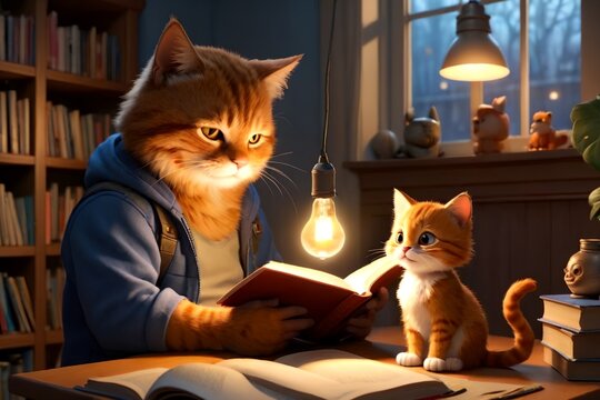 cat father and kitten son reading a book.