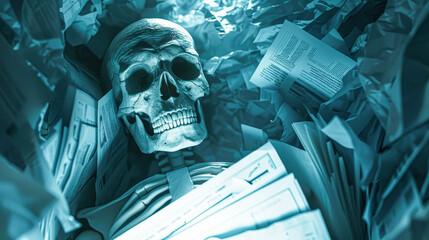 A skeleton is laying on top of a pile of papers. The skull is surrounded by a blue background, and the papers are scattered around it. The scene gives off a feeling of chaos and disorganization - obrazy, fototapety, plakaty