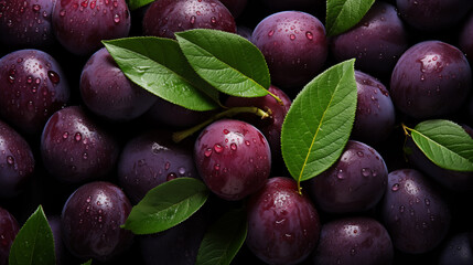 Dark violet plum with green leaves. Concept of healthy food