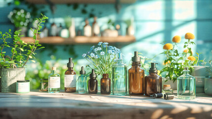 Herbal Wellness, Natural Medicine Bottles Among Blooming Flowers, Embracing Natures Healing Power - obrazy, fototapety, plakaty
