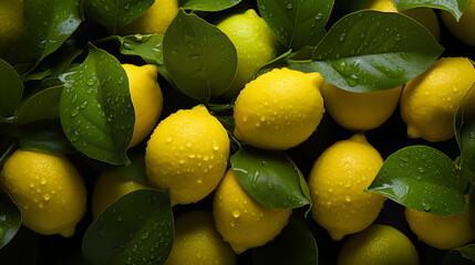 Background from fresh ripe yellow lemons with green leaves, top view