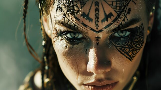 Woman face with tribal tattoo makeup and mysterious sharp gaze AI generated image