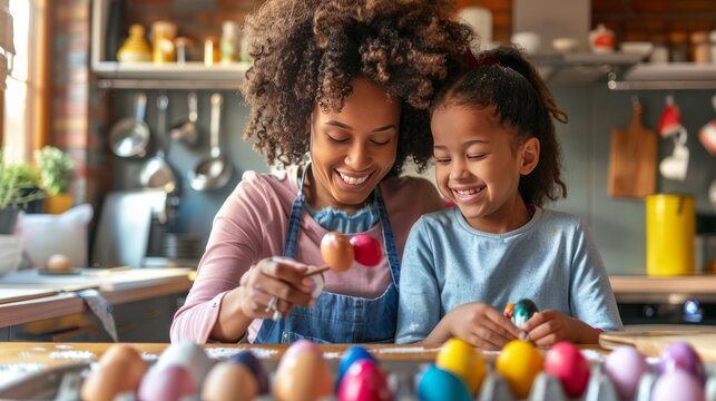 Happy african american family. Mother and daughter to decorate Easter eggs while sitting in kitchen. Easter craft activities for families.