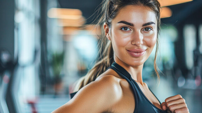 A woman is smiling and posing for a picture in a gym. She is wearing a black tank top and has her hair in a ponytail