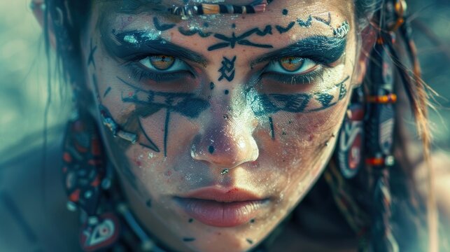 Woman face with tribal tattoo makeup and mysterious sharp gaze AI generated image