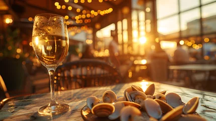 Fotobehang A glass of white wine with pistachios on a table during a warm sunset at a cozy outdoor bistro.  © Kolapatha