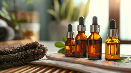 Bottles on the background of the spa room. Skin care serum or natural cosmetics with essential oil. face and body beauty concept. Spa concept. Place for text.