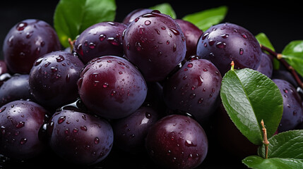 Dark violet plum with green leaves. Concept of healthy food - obrazy, fototapety, plakaty