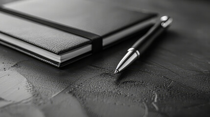 A black pen sits on top of a black notebook