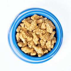 A treat for cats and kittens is a fish-shaped catnip cookie in a blue bowl, copy space for text.