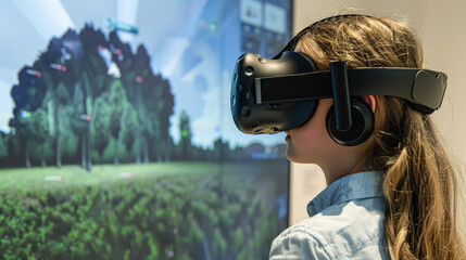 A girl wearing a virtual reality headset is looking at a screen. The scene is set in a field with trees and grass. The girl appears to be enjoying the experience of the virtual reality game