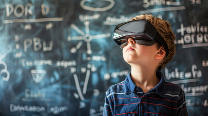 A boy wearing a virtual reality headset stands in front of a chalkboard with equations and diagrams. The boy appears to be looking at the board with curiosity and interest - obrazy, fototapety, plakaty