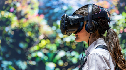 Obraz premium A woman wearing a virtual reality headset is looking at a green forest. The scene is bright and lively, with the woman's smile indicating that she is enjoying the experience