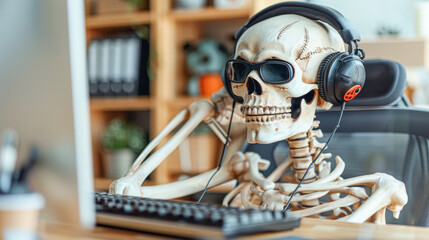 A skeleton is sitting at a desk with a keyboard and a computer monitor. The skeleton is wearing sunglasses and headphones, and he is listening to music. The scene is humorous and lighthearted