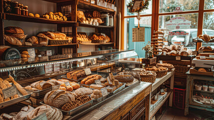 A bakery with a variety of breads and pastries on display. The atmosphere is warm and inviting, with a sense of abundance and variety