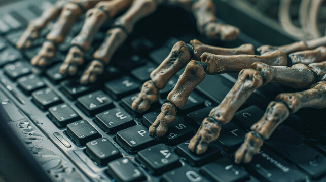 A skeleton hand is typing on a keyboard. The skeleton hand is on the number keys and the letter keys