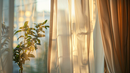 A plant is sitting in front of a window with white curtains. The curtains are open, letting in the sunlight and creating a warm and inviting atmosphere