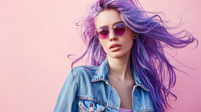 A woman with purple hair and blue jeans is wearing sunglasses. She is standing in front of a pink background