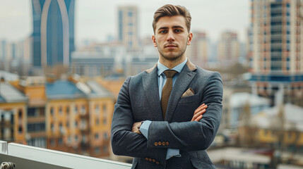 A man in a suit and tie stands on a balcony in a city. He is wearing a tie and has his arms crossed