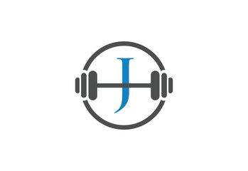 logo letter "J" with barbell vector design, simple and elegant blue logo branding for fitness sport
