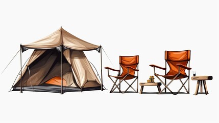 Camping tents and portable chairs on a white background. a set of camping and mountain climbing equipment.