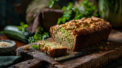 Freshly Baked Loaf of JZ Zucchini Bread Presented on a Rustic Board