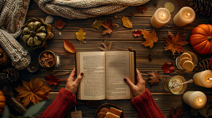 A person is reading a book on a table with autumn leaves and candles. Scene is cozy and warm, as...