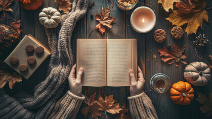 A person is holding a book open on a table with a pumpkin, a candle, and a bowl of cookies. The scene is cozy and inviting, with the book and the pumpkin creating a warm atmosphere - obrazy, fototapety, plakaty