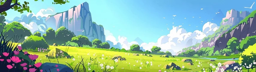  A summer valley with flowers and trees. Panoramic drawing © NeuroSky