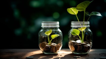 Glass jars filled with coins with plants growing out of them. Financial growth, wealth prosperity - obrazy, fototapety, plakaty