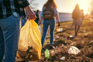 In the golden hour of sunset, volunteers gather for a community clean-up, one person in focus holding a yellow bag full of collected litter, a testament to environmental stewardship. - obrazy, fototapety, plakaty