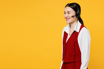 Side view fun employee operator business woman in set microphone headset for helpline assistance...
