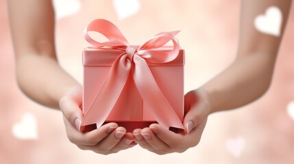 Hands holding elegant gift box with satin ribbon for christmas, birthdays, and special occasions