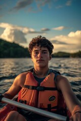 Young boy kayaking on a lake