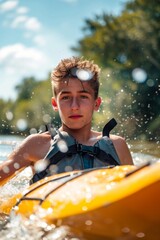 Young boy kayaking on a river