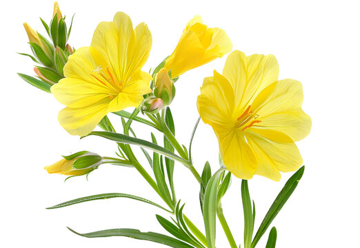Evening Primrose flowers and foliage isolated against white. PNG file
