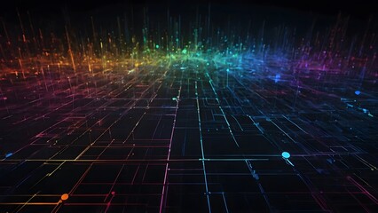 A sleek, minimalist grid of glowing lines and nodes against a dark backdrop, representing the intricate pathways of a digital realm, with occasional bursts of vibrant colors emanating from key nodes, 