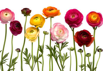Set of beautiful ranunculus flowers on white background. PNG file