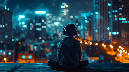 Cinematic photograph of a lonely boy on a rooftop, city lights in the background, headphones enhancing the sense of his isolation


