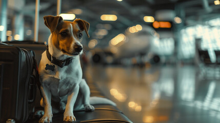 Anticipation builds as a spirited Jack Russell dog waits at the airport gate, luggage beside them, ready to board the airplane and begin their holiday vacation - obrazy, fototapety, plakaty